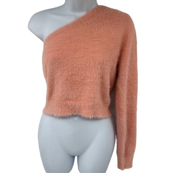 Le Lis Fuzzy One Shoulder Top Sweater Pink Peach Coral Size Medium NWT - Picture 5 of 11